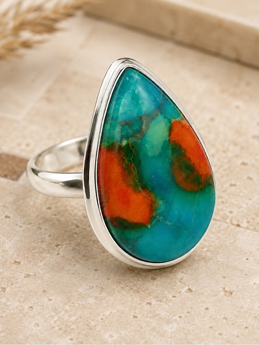 Spiny Oyster Turquoise 925 Silver Ring Sz 8